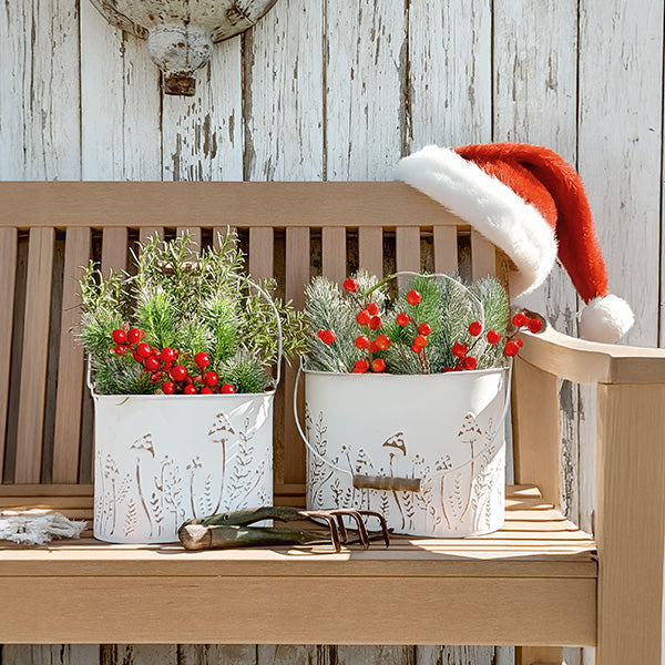 Rustic Cream Mushroom Embossed Metal Buckets, Set of Two