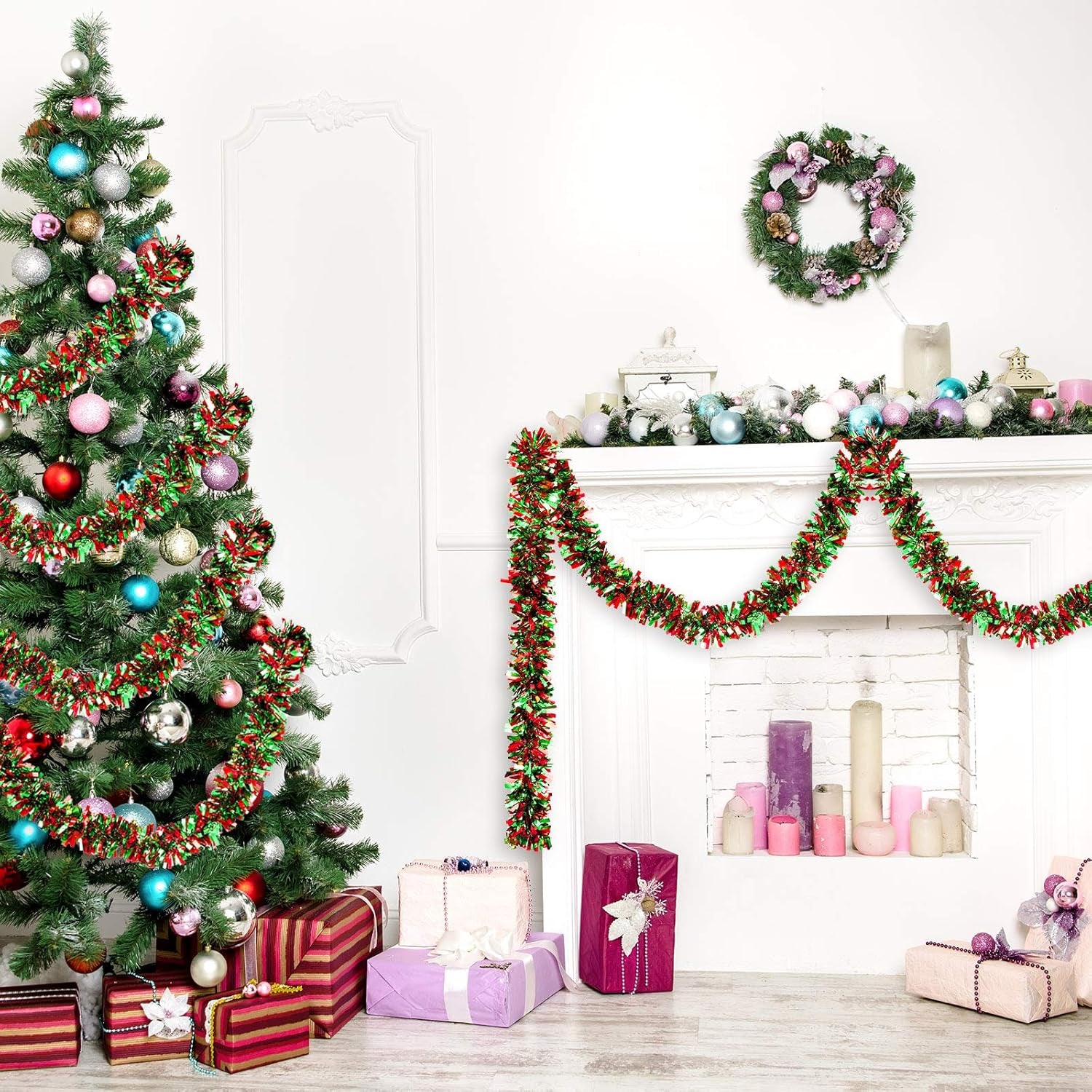 26.2 Ft Christmas Tinsel Garland Red and Green Metallic Tree Garland Glitter Party Tinsel Hanging Decorations for Christmas Tree Wedding Birthday Party Supplies