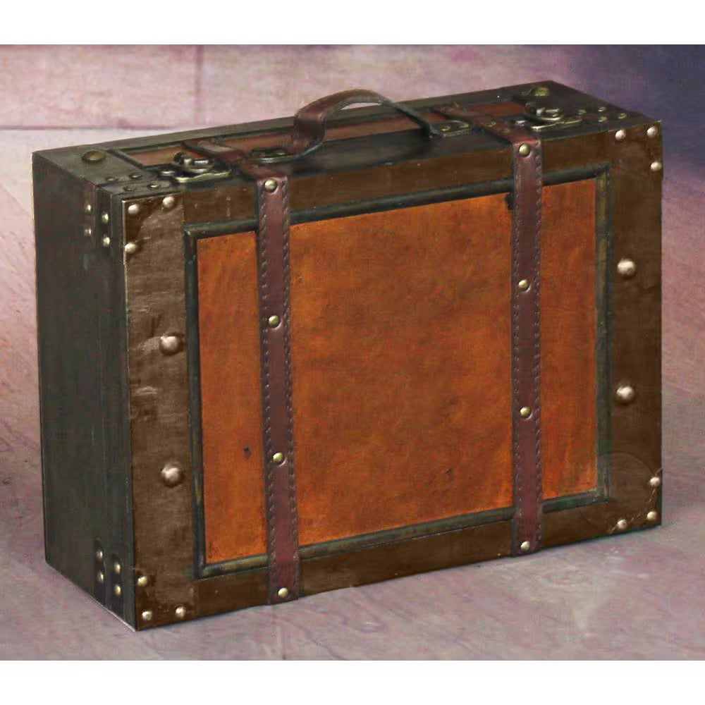 Wooden Vintage Luggage Trunks - Antique Carry on Suitcase Storage Box with Hinged Lids, Large Brown