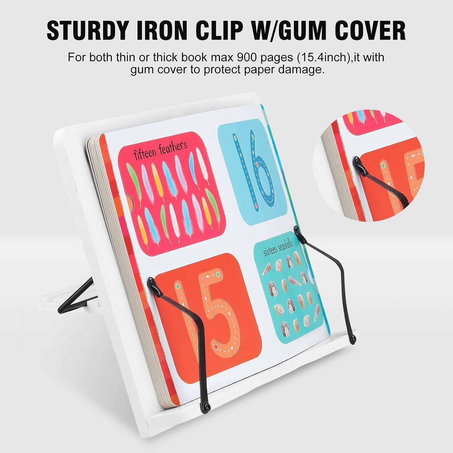 Book Stand Holder White 15.4Inch Large Portable Adjustable Reading Textbook Recipe Sturdy Stand with Paper Clips for Home Office Laptop Cookbook Desktop Heavy Documents Tablets and More