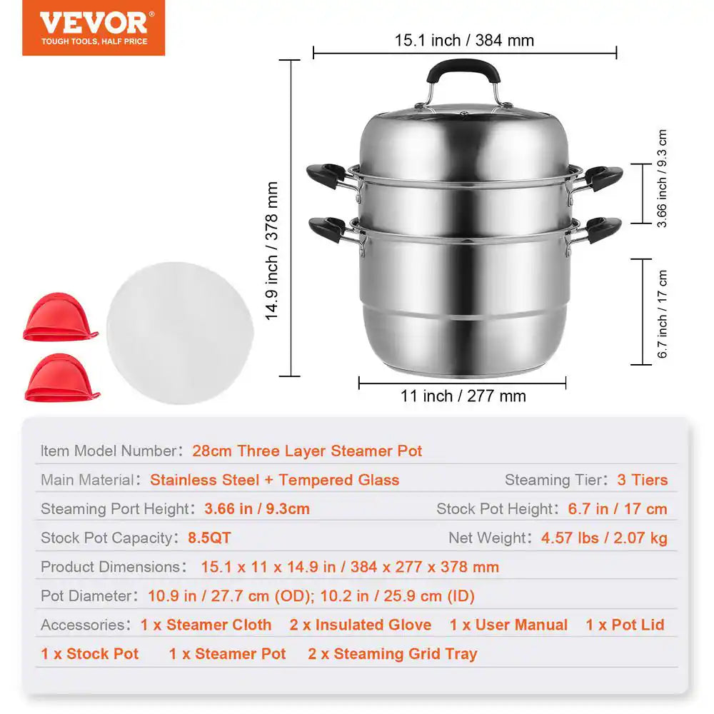 Steamer Pot 11 In. 3 Tier Steamer Pot with 8.5 Qt. Stock Pot Stainless Steel Vegetable Steamer and 2 Steaming Tray