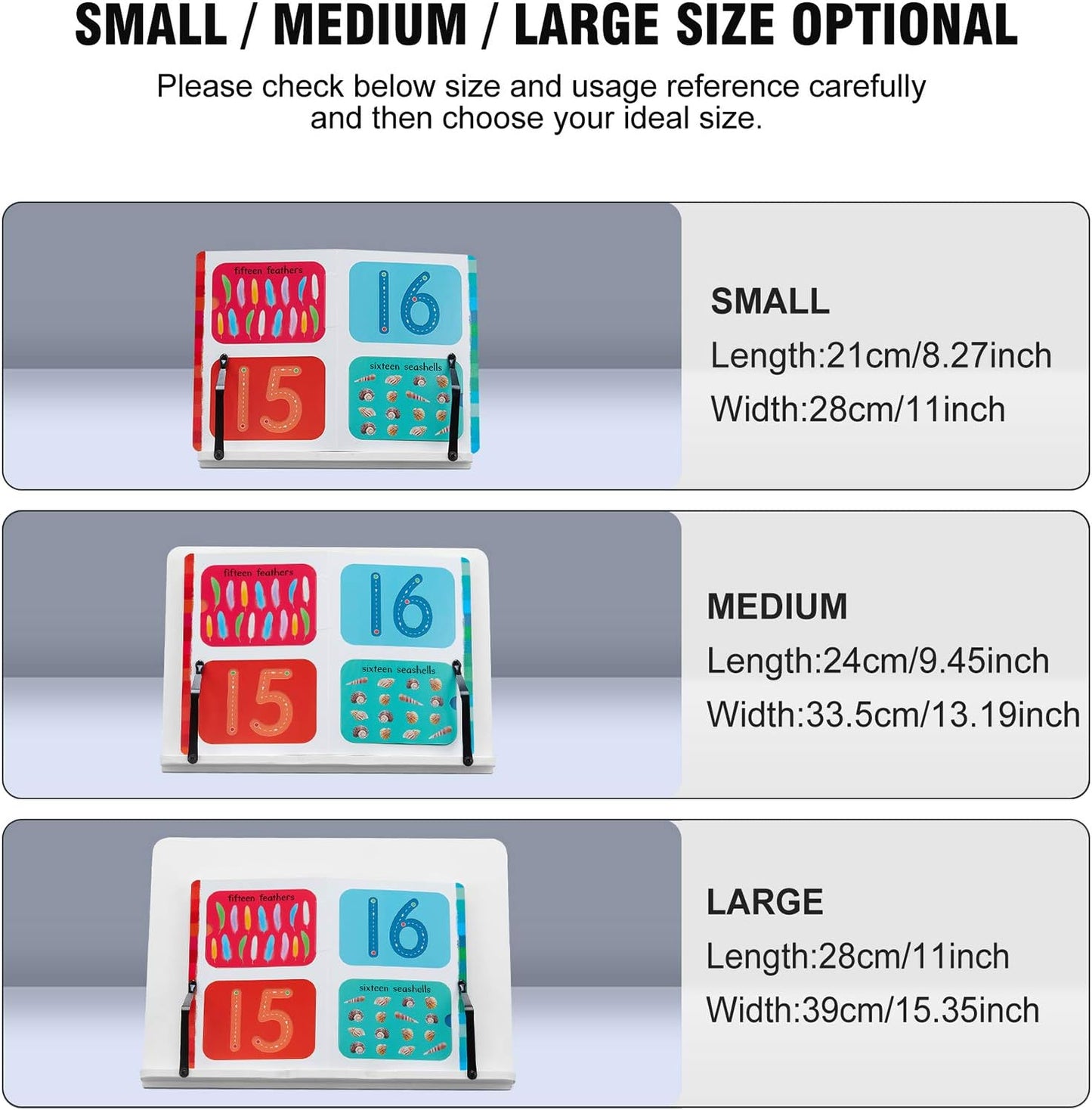 Book Stand Holder White 15.4Inch Large Portable Adjustable Reading Textbook Recipe Sturdy Stand with Paper Clips for Home Office Laptop Cookbook Desktop Heavy Documents Tablets and More