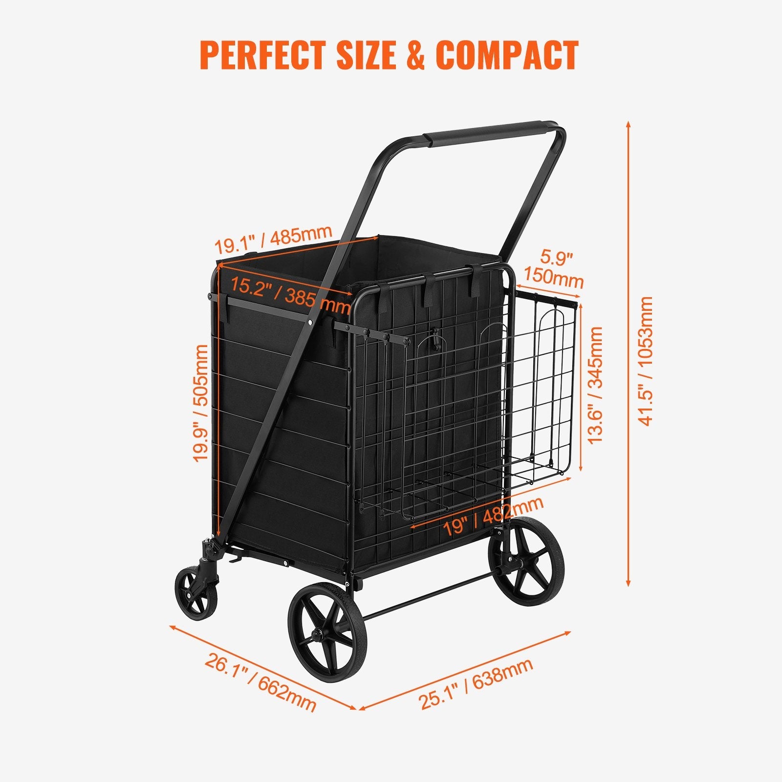 VEVOR Folding Shopping Cart with Removable Waterproof Liner, 330LBS Large Capacity Jumbo Grocery Cart with Dual Basket, 360¡Ã Swivel Wheels, Dense Metal Mesh Base, Heavy Duty Utility Cart for Shopping