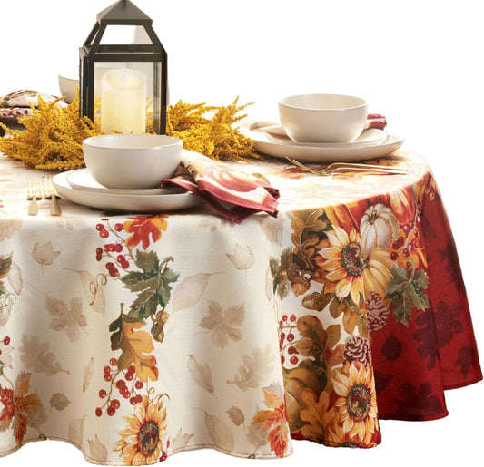Home Fashions Swaying Leaves Bordered Fall, Seasonal and Holiday Tablecloth, 70" Round, Multi