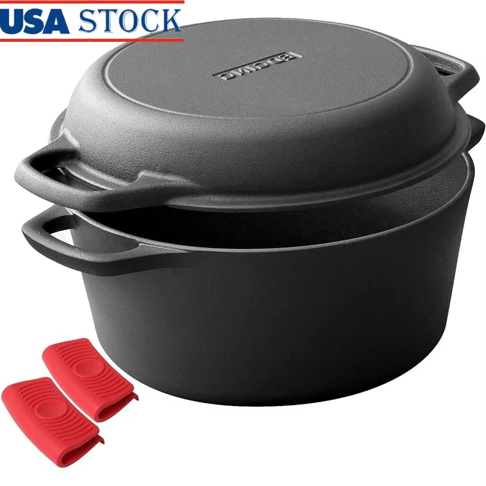 2-In-1 Pre-Seasoned Cast Iron Dutch Oven with Skillet Lid Cookware Set Cast Iron Cooking Pot with Handles