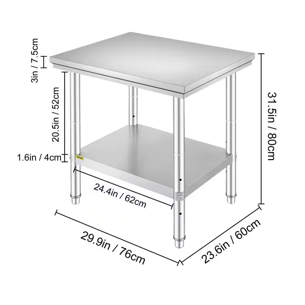 Commercial Prep Table 29.9 X 23.6 In. Stainless Steel Table with Adjustable Feet Kitchen Utility Tables for Home,Silver