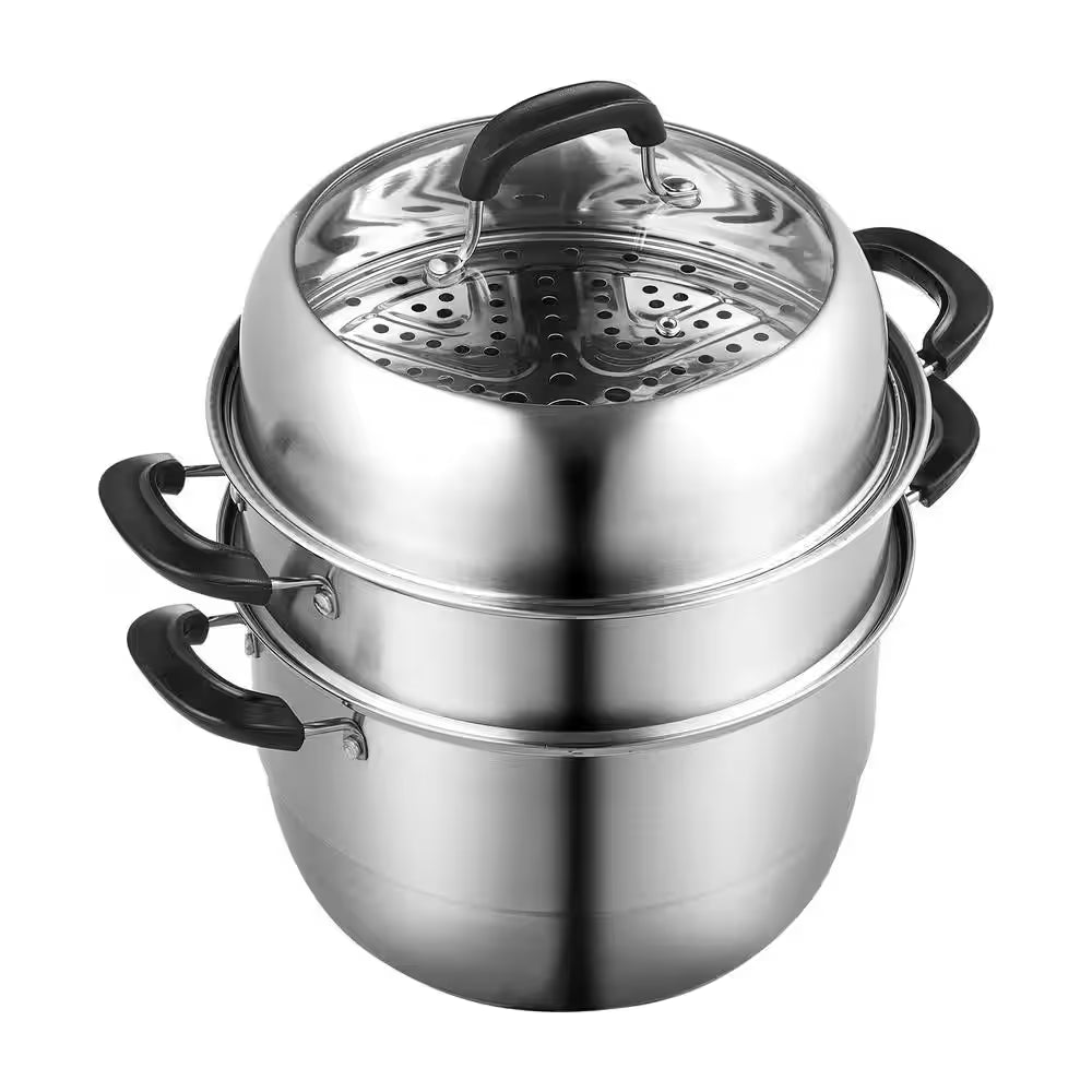 Steamer Pot 11 In. 3 Tier Steamer Pot with 8.5 Qt. Stock Pot Stainless Steel Vegetable Steamer and 2 Steaming Tray