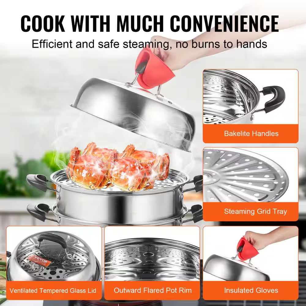 Steamer Pot 11 In. 3 Tier Steamer Pot with 8.5 Qt. Stock Pot Stainless Steel Vegetable Steamer and 2 Steaming Tray