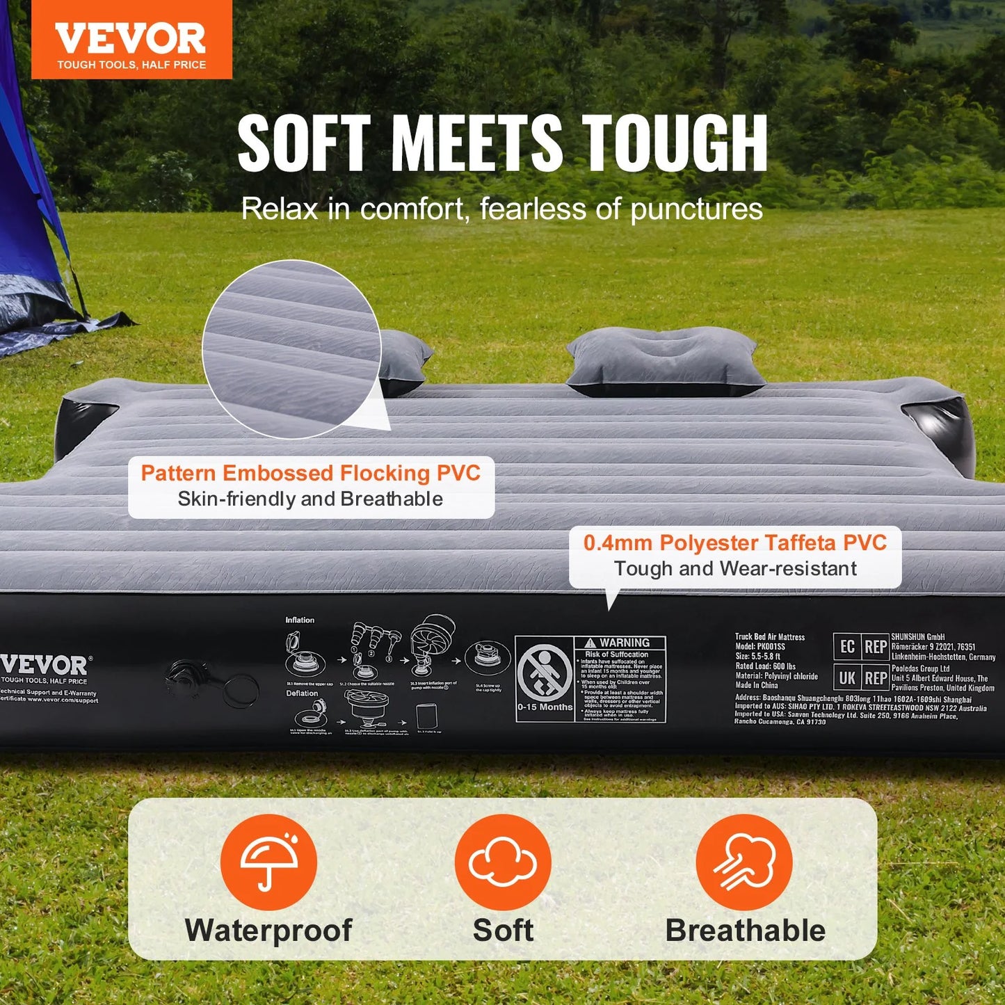 VEVOR Truck Bed Air Mattress, for 5.5-5.8 Ft Full Size Short Truck Beds, Inflatable Air Mattress Camping Bed with 12V Air Pump 2 Pillows, Carry Bag, for Silverado, RAM, F Series, Sierra, Titan, Tundra
