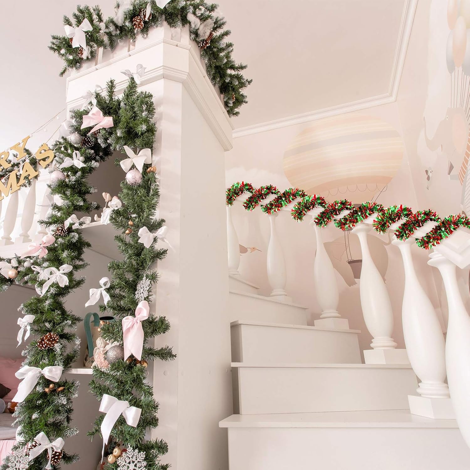 26.2 Ft Christmas Tinsel Garland Red and Green Metallic Tree Garland Glitter Party Tinsel Hanging Decorations for Christmas Tree Wedding Birthday Party Supplies