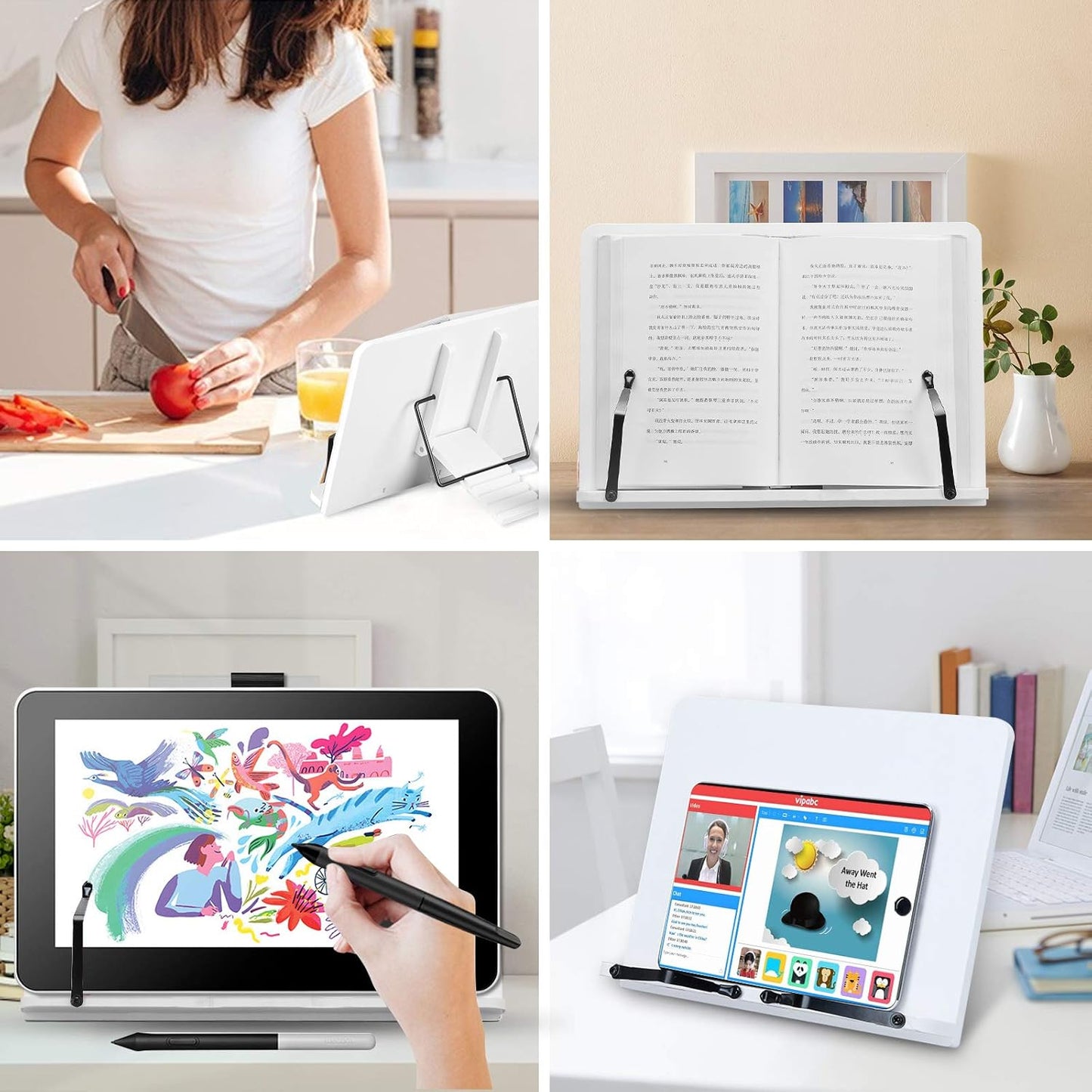 Book Stand Holder White 15.4Inch Large Portable Adjustable Reading Textbook Recipe Sturdy Stand with Paper Clips for Home Office Laptop Cookbook Desktop Heavy Documents Tablets and More