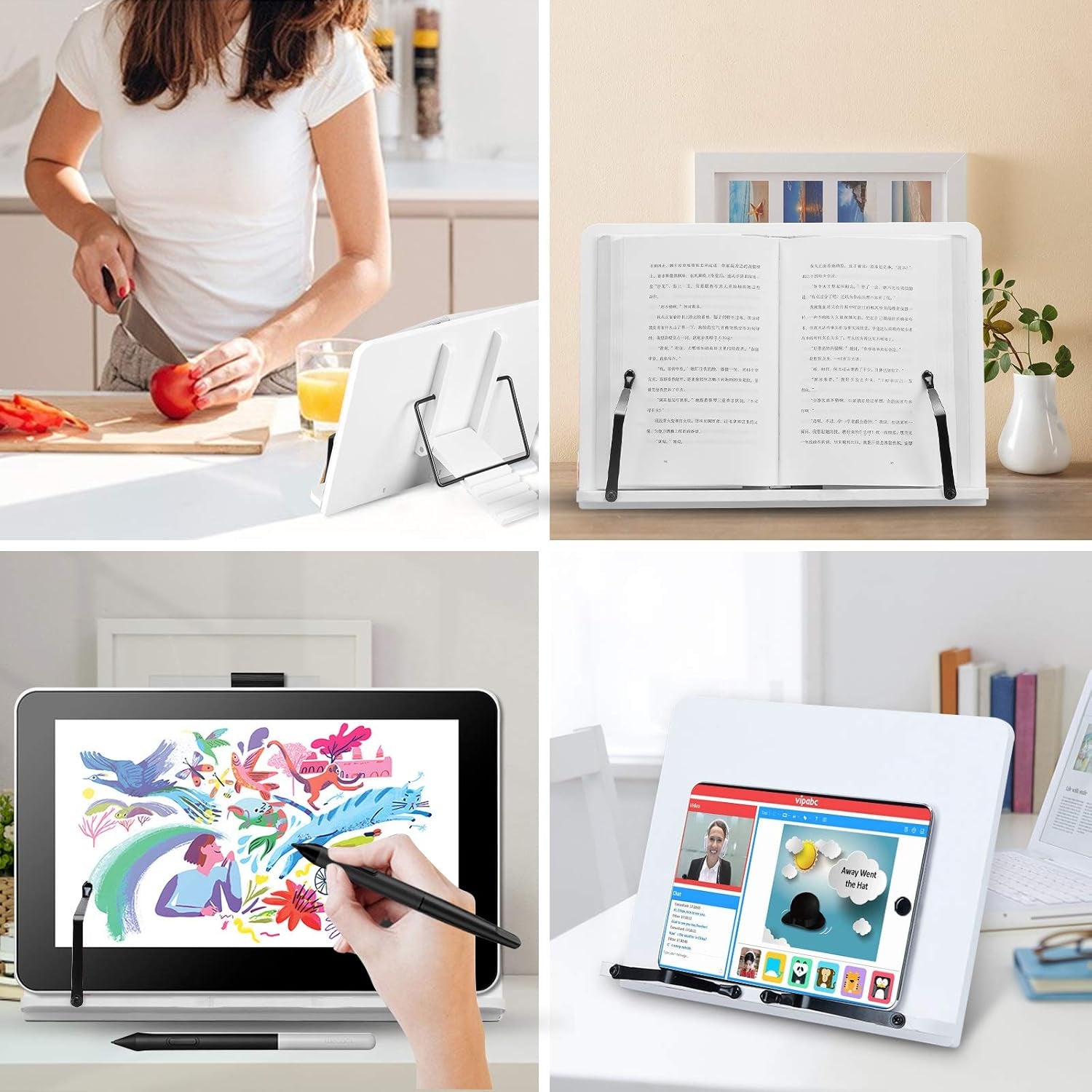 Book Stand Holder White 15.4Inch Large Portable Adjustable Reading Textbook Recipe Sturdy Stand with Paper Clips for Home Office Laptop Cookbook Desktop Heavy Documents Tablets and More