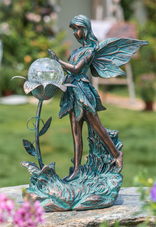 13.2 Inches Large Garden Fairy Outdoor Statue, Solar Garden Sculptures & Statues with Crackle Glass Globe, Resin Bronze Fairy Garden Decor for Lawn Patio Yard