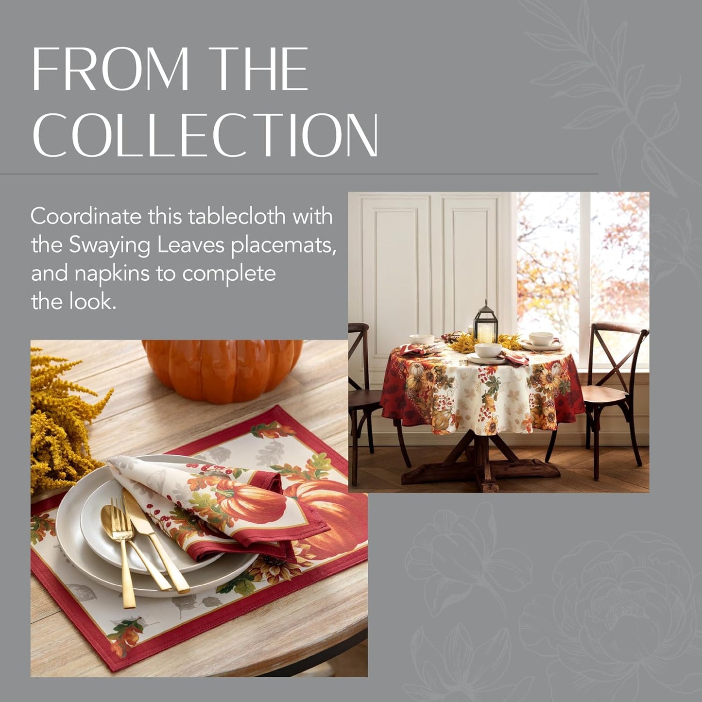 Home Fashions Swaying Leaves Bordered Fall, Seasonal and Holiday Tablecloth, 70" Round, Multi