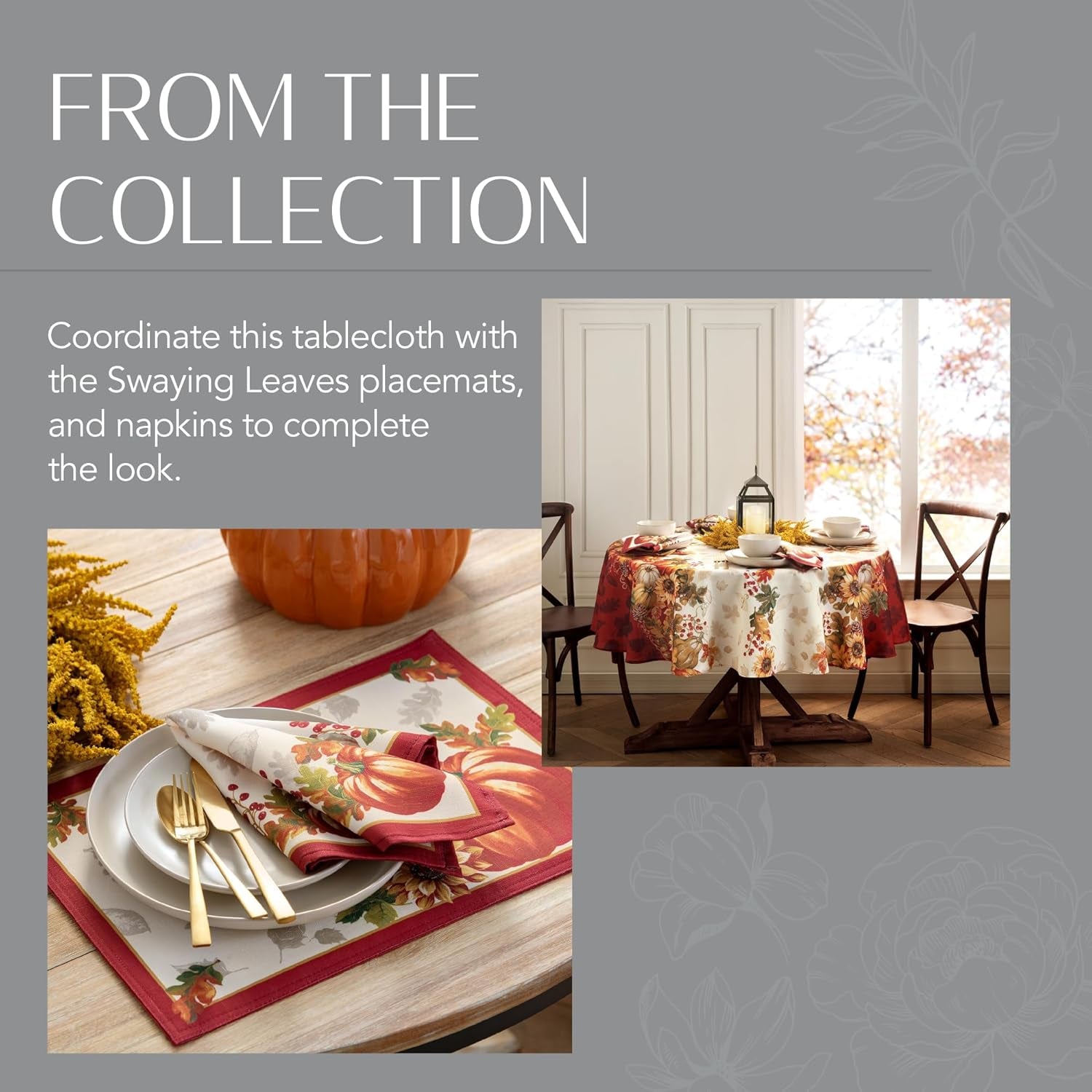 Home Fashions Swaying Leaves Bordered Fall, Seasonal and Holiday Tablecloth, 70" Round, Multi