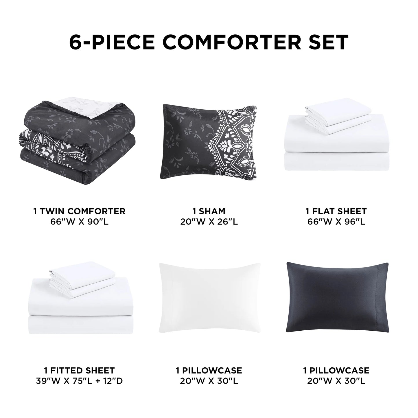 Twin Size Comforter Sets, Black Bed in a Bag Twin, 6 Pieces Bedding Comforter Set with Bed Sheets and Side Pockets