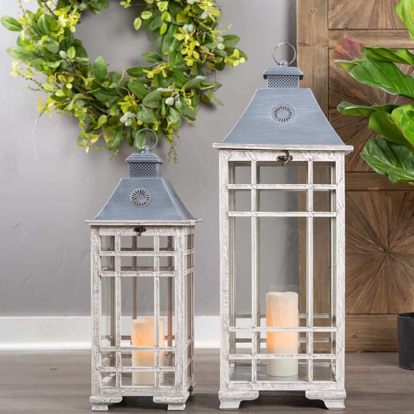 Farmhouse Floor Lanterns with Metal Lid (Set of 2)