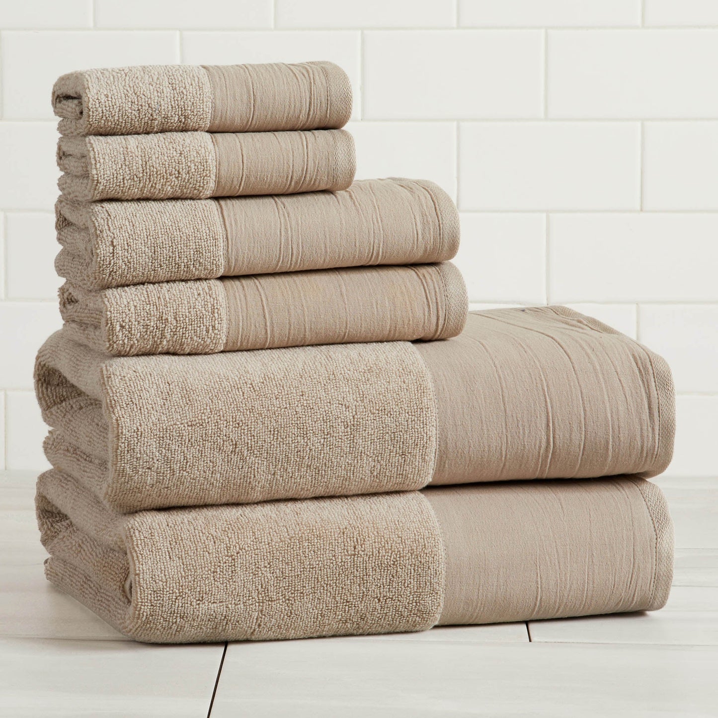 Cotton Linen-Like Border 6-Piece Towel Set - Priya Collection