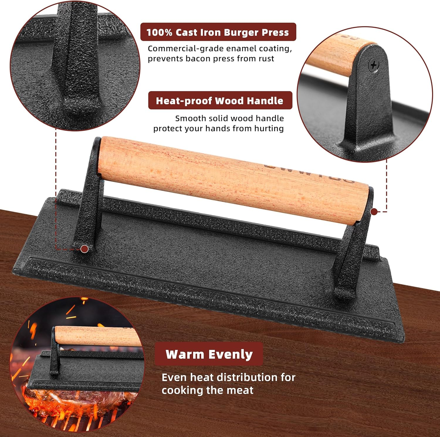 Burger Press Heavy-Duty Cast Iron Smashed Meat Steak Weight Grill Griddle Press