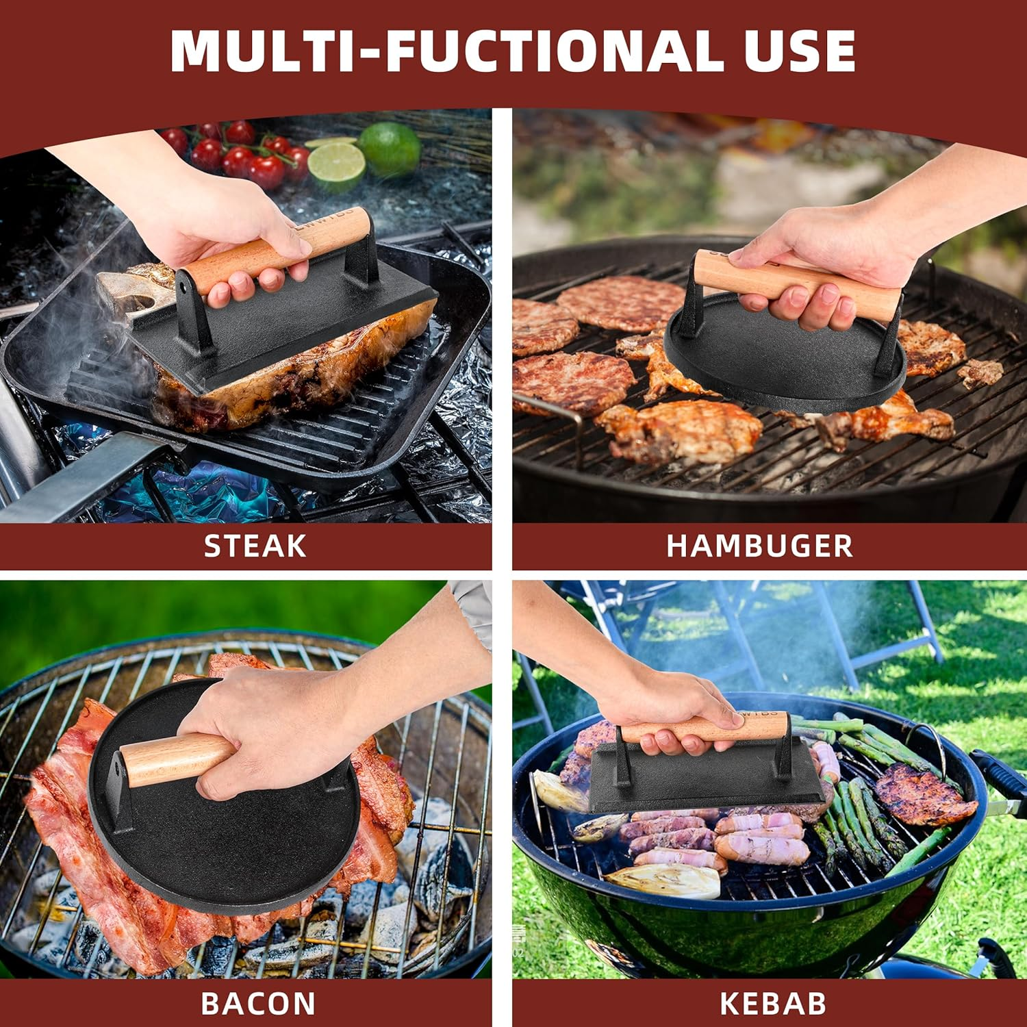 Burger Press Heavy-Duty Cast Iron Smashed Meat Steak Weight Grill Griddle Press